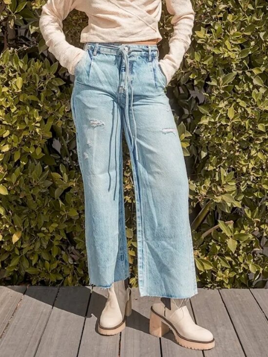 We The Free Denim - We The Free People 29 Kinsey Crop Wide Leg Jeans Light Acid Wash Distressed Boho